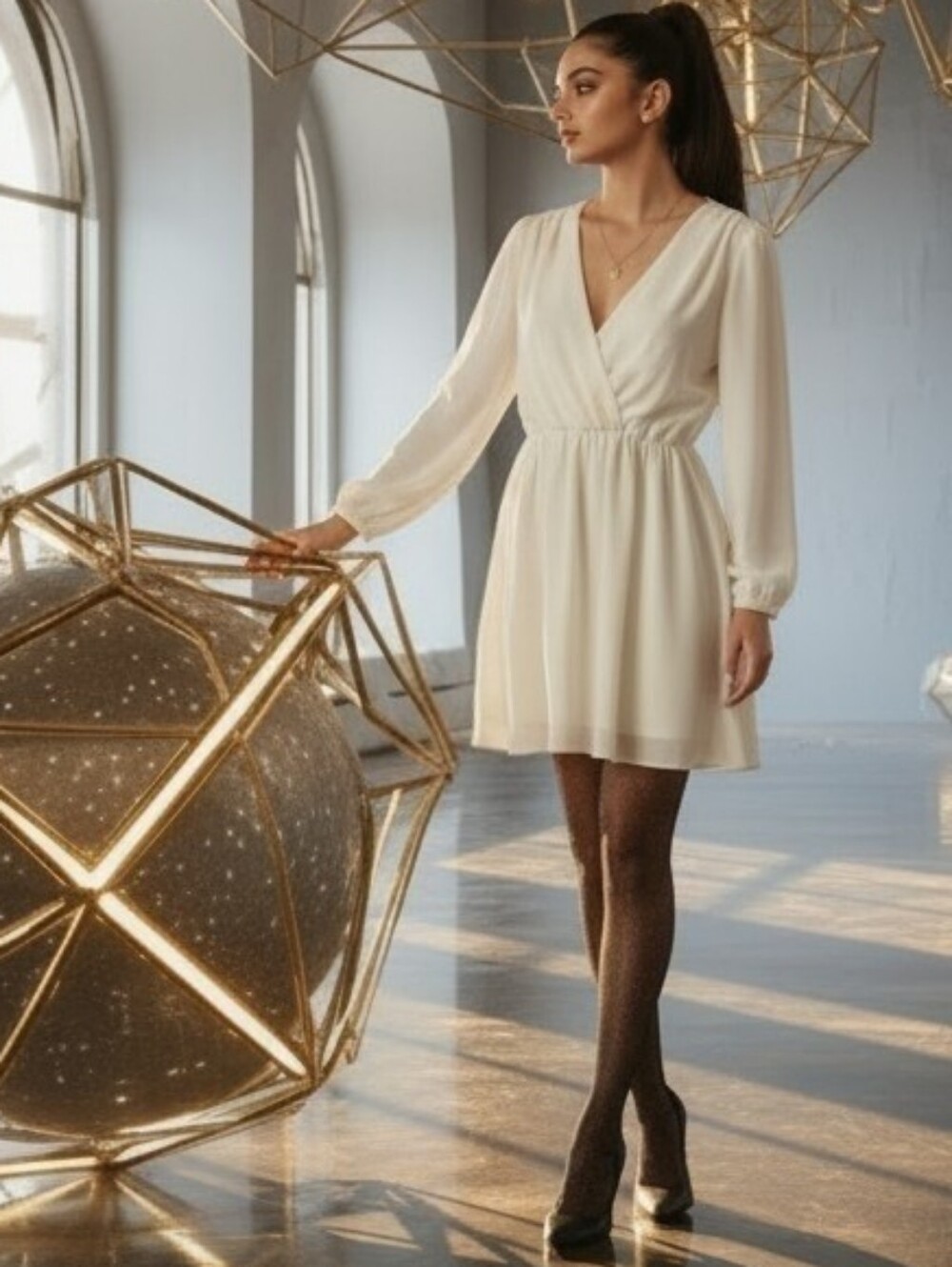 Topshop V-neck Draped Overlay Mini Dress in Cream